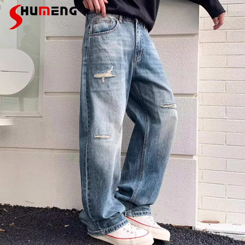 

Men's 2026 Spring Fashion Hole Design Jeans Loose Comfort Simple Unique High-end Straight Denim Pants Male Trendy Denim Trousers