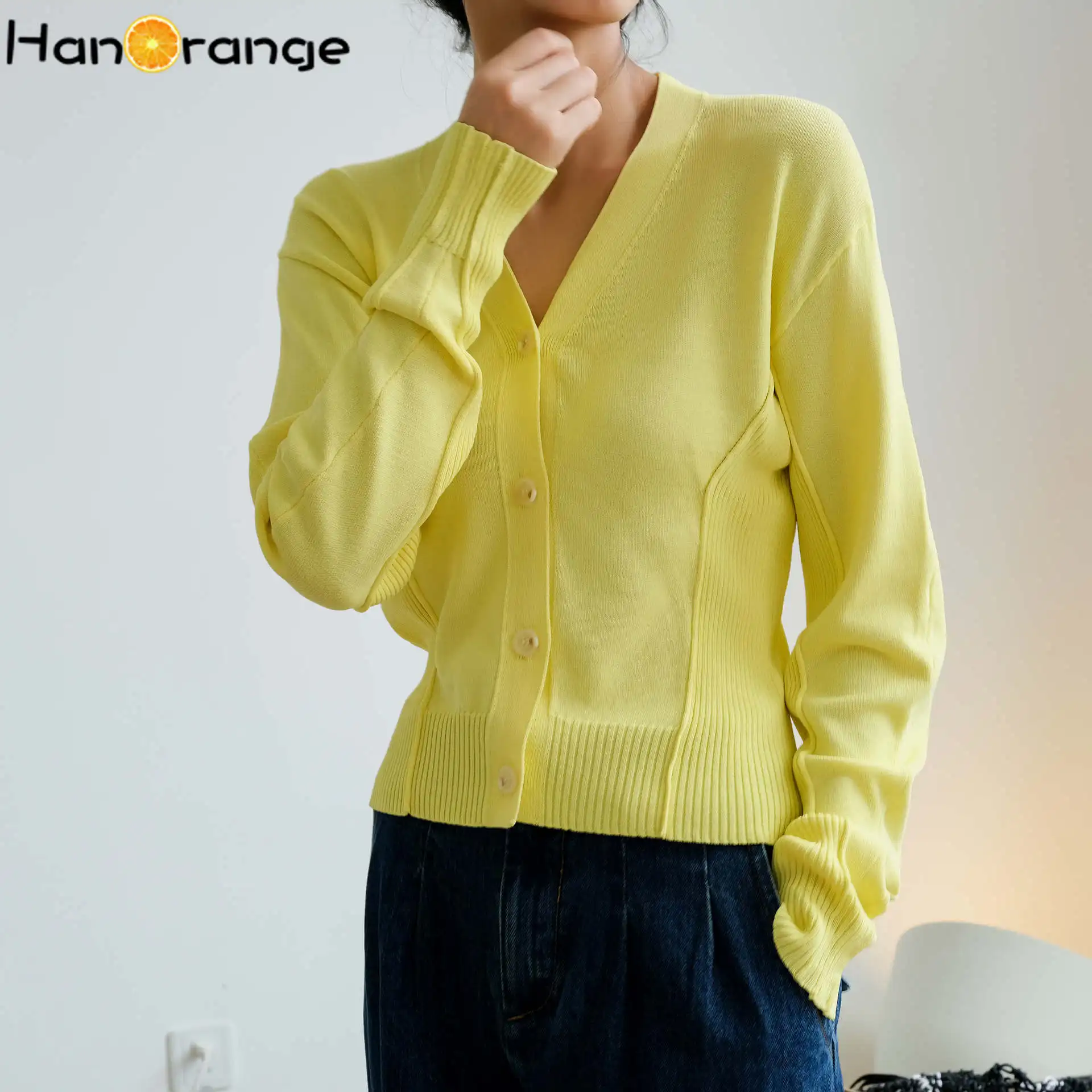 HanOrange Stitching V-neck Knitted Cardigan Women Spring Autumn Loose Long-sleeved Top Female French Design Sense