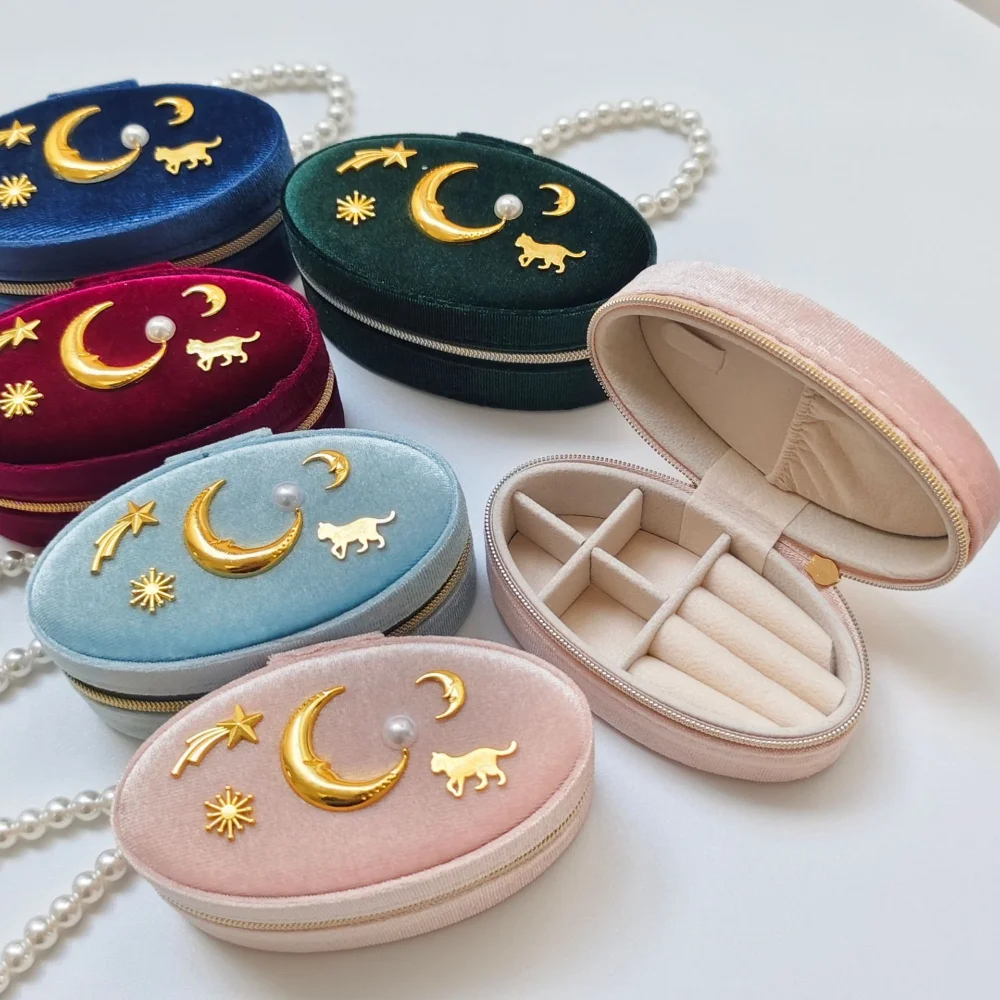 

Retro Oval Jewelry Box Star and Moon Pattern Decorated Pearl Zipper Earrings Ring Necklace Storage Box Travel Portable