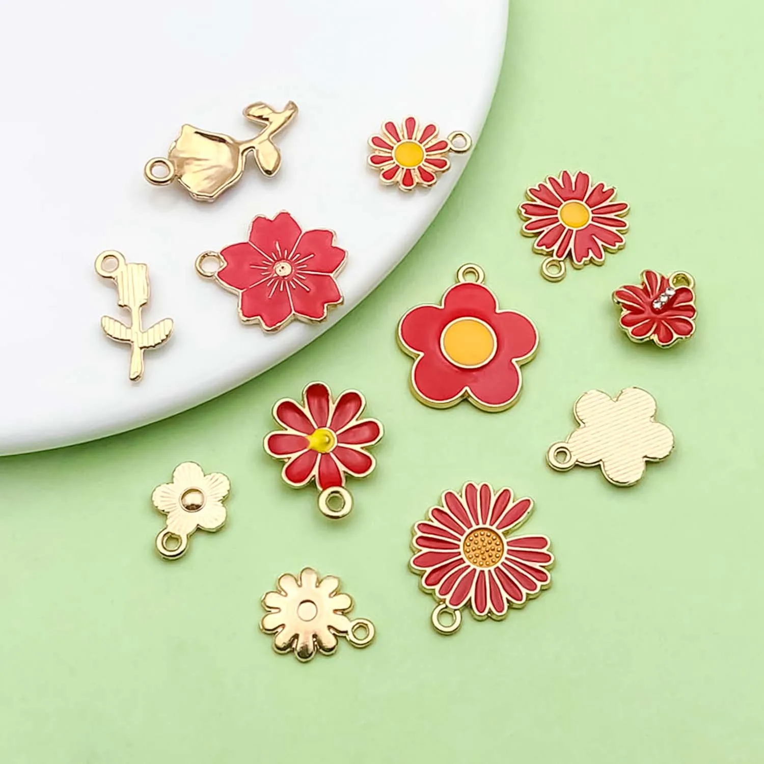 30pcs Enamel Red Flower Charms Alloy Roses Flower, Little Daisy, Sunflower Pendants For DIY Jewelry Making Accessories