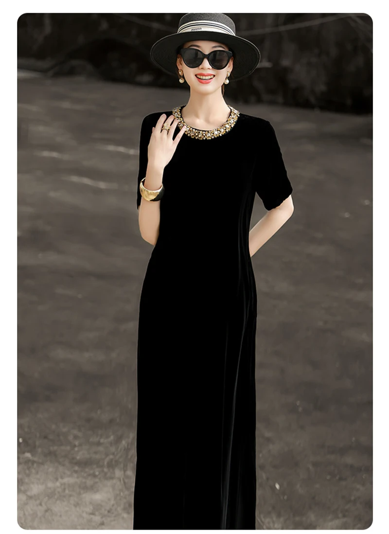 فستان نسائي من الحرير المخملي الطبيعي بالكامل مع زخرفة مطرزة، وسحر أنيق ونبيل. الفستان أملس ولامع #3