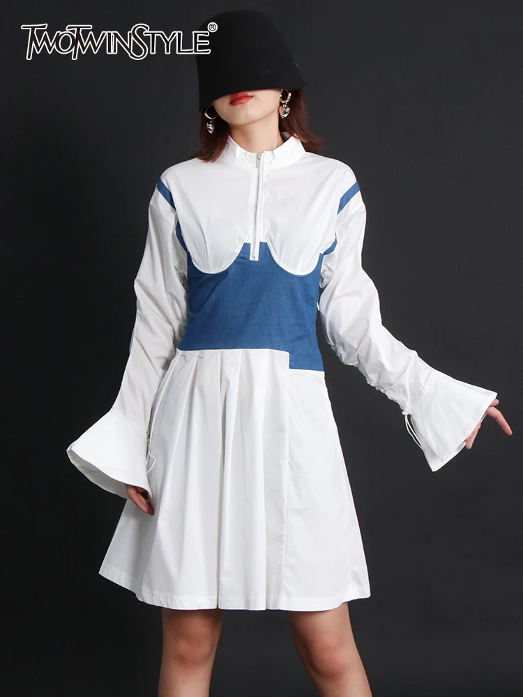 

TWOTWINSTYLE Patchwork Colorblock Dress For Women Stand Collar Flare Sleeve High Waist Midi Dresses Female Autumn Fashion 2022