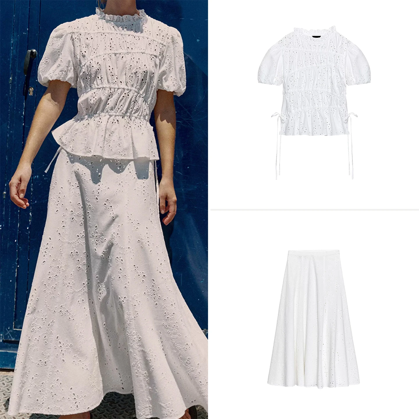 

Women's Fashion Summer Outfit with Bubble Sleeve Embroidered Hollow Top And A-Line Midi Skirt High Waist Short Sleeve round Neck