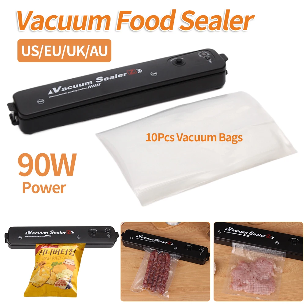 90W Power Vacuum Sealer Packaging Machine with Free 10 Pcs Vacuum Bags Household Black Food Vacuum Sealer US/EU/UK/AU Plug 60kpa