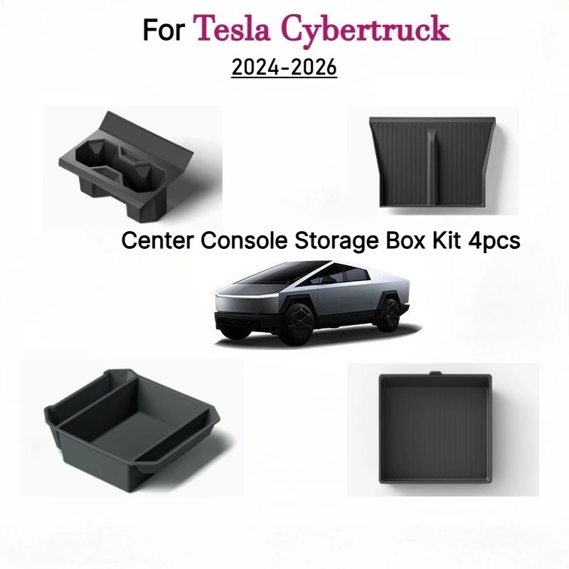 For Tesla Cybertruck 2026 Center Console Storage Box Kit Cup Holder Wireless Charging Mat Organizer Interior Tidying Accessories