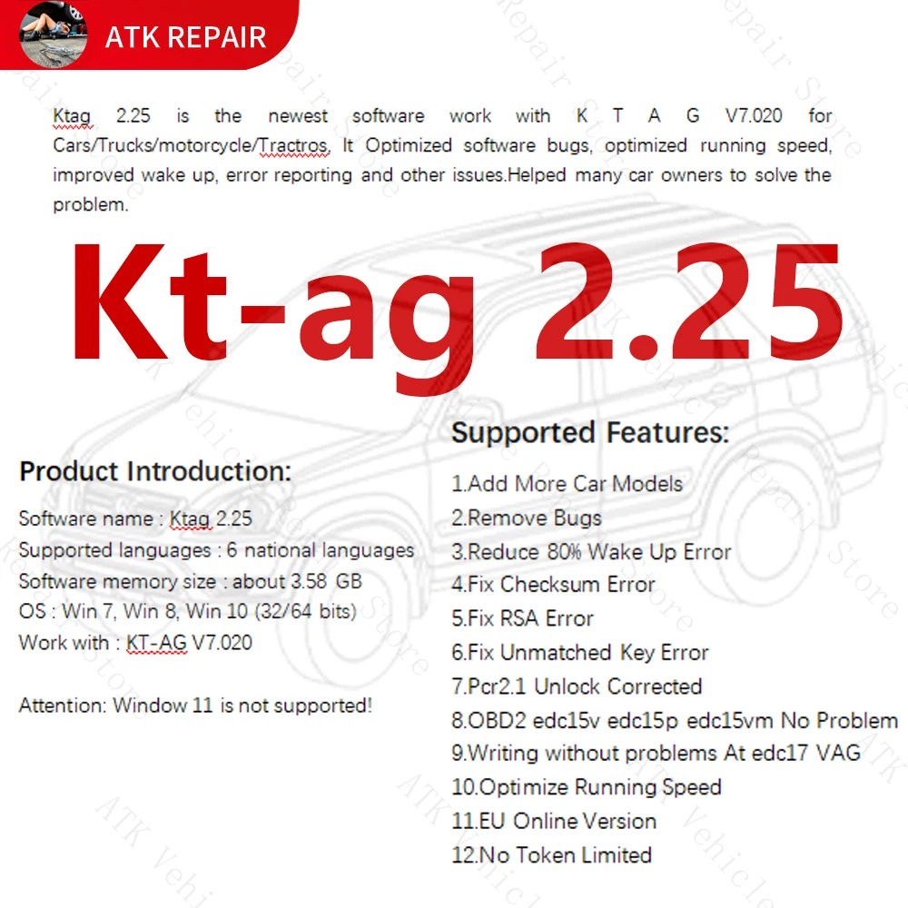 Diagnostic Software Kt-ag 2.25 with Crack 1996-2016 Car Truck ECU Work with KT-AG V7.020 Fix RSA Error/Pcr 2.1 Unlock Corrected