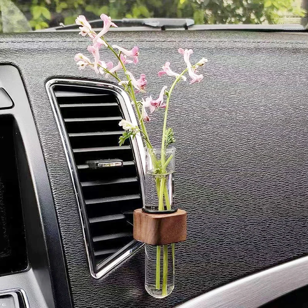 Auto-Lüftungsdekoration Armaturenbrett Stabile Mini-Auto-Blumenvase Clip Elegante Verstellbare Auto-Lüftungs-Blumenvase aus Walnuss und Glas Kreativ