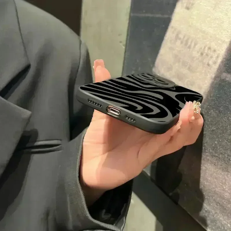 Casing ponsel silikon hitam motif gelombang, penutup lunak tahan guncangan untuk iPhone 15 14 13 12 11 Pro Max XS X XR 7 8 Plus
