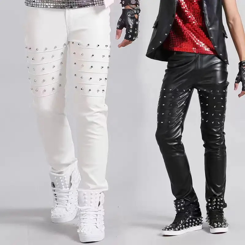 Men's Fashion Rivets Leather Pants Nightclub Male Singer Dancer Personality Slim Pants Stage Show Bar Hiphop Dance accessory