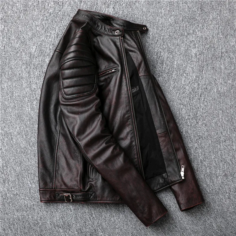 Autumn Europe Style Chic Men's High Quality Vintage Cow Leather Stand Collar Jackets F250