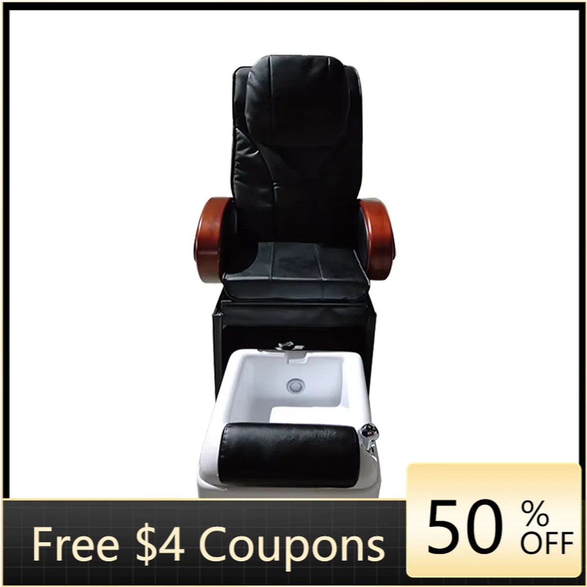 Black PU Pedicure Spa Chair, Electric Reclining Foot Massage Chair with White Fiberglass Foot Tub and Solid Wood Armrest for Nai