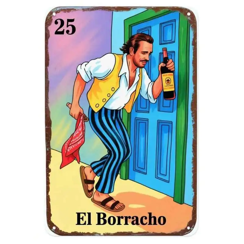 1PC 2D Flat El Borracho Tin Sign, Vintage Mexican Loteria Metal Sign Print Aesthetic Room Decoration For Home Bedroom Kitchen Ba