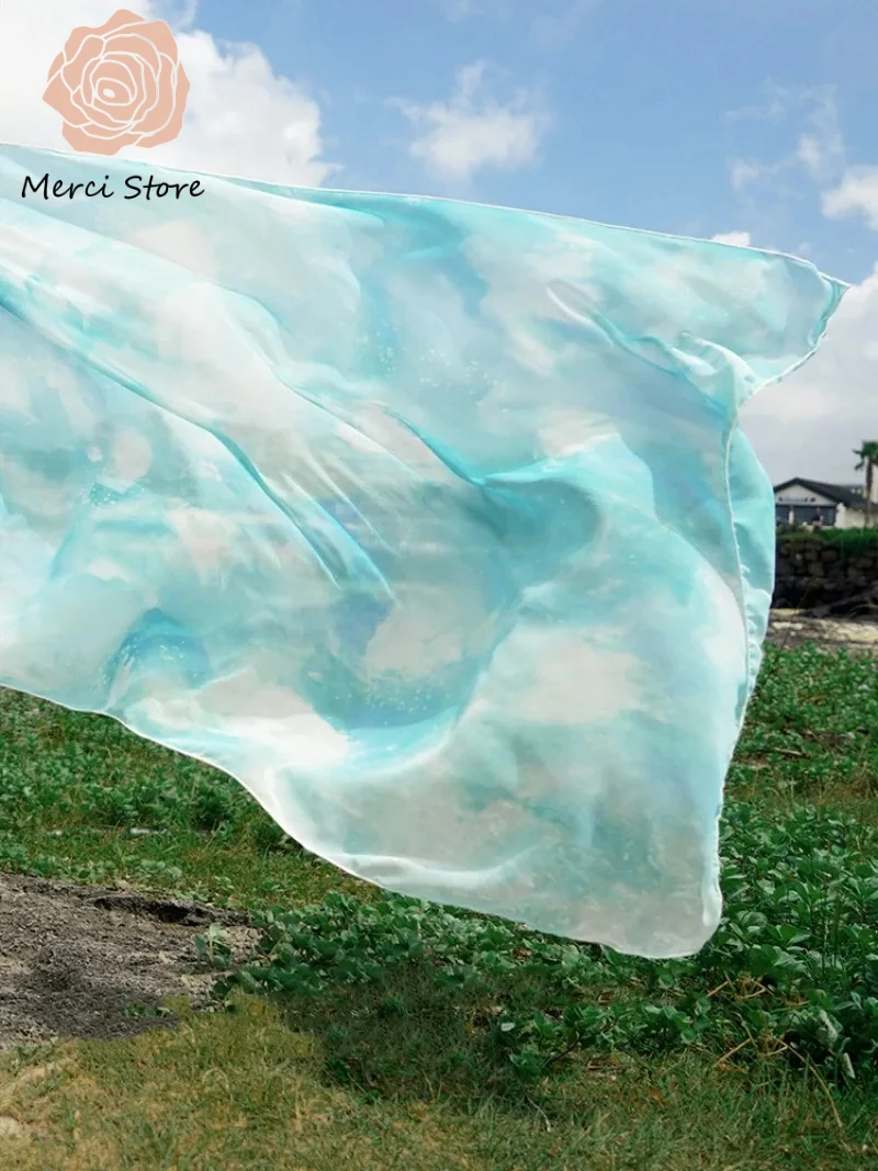 

Transparent Gradient Chiffon Ins Style Curtains for Living Room Balcony Sky Watercolor Floating Window Sheer Filtering Drapes