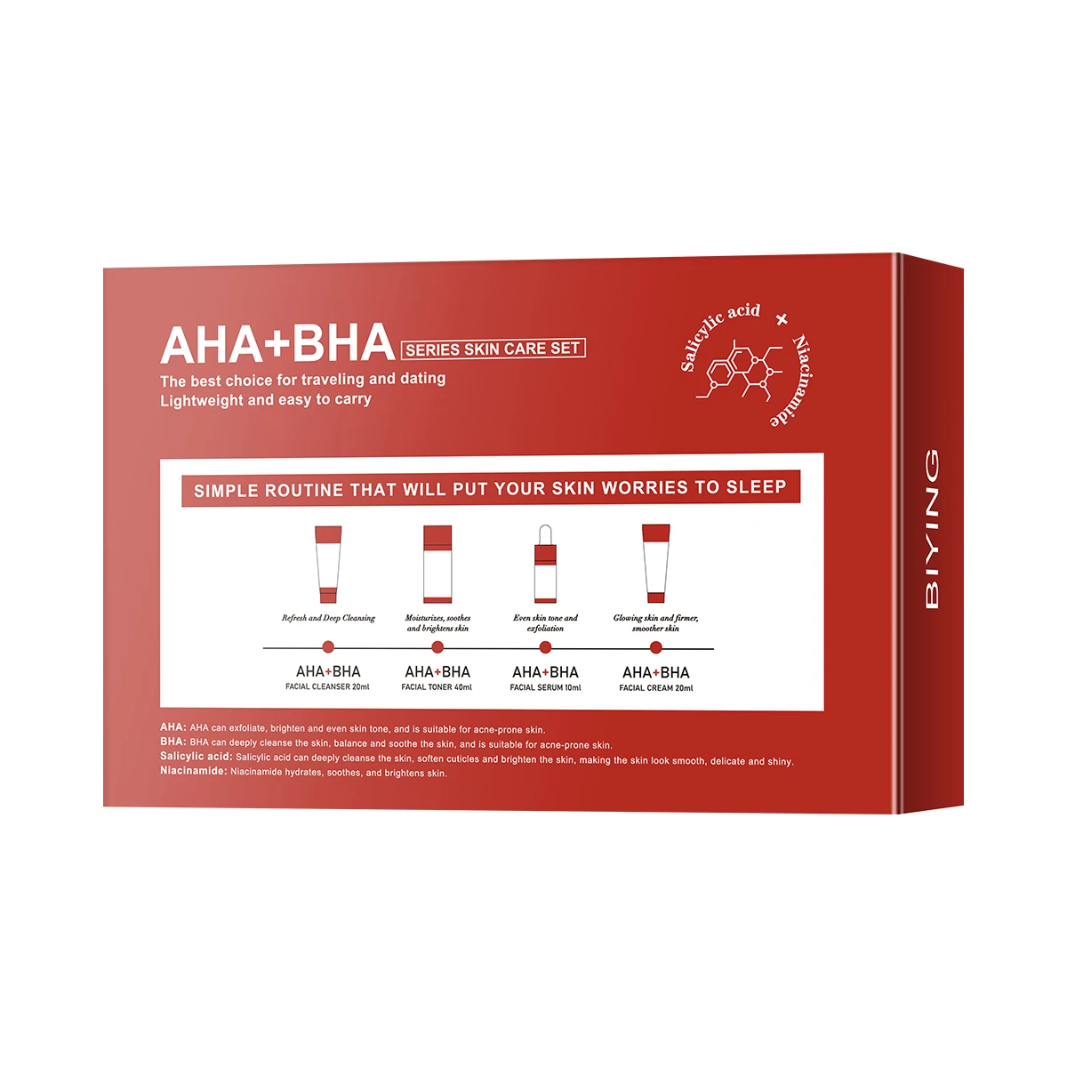 AHA+BHA Series Skin Care Set 4pcs Facial Toner Serum Cream Foam Cleanser Beauty Essentials Korean Beauty