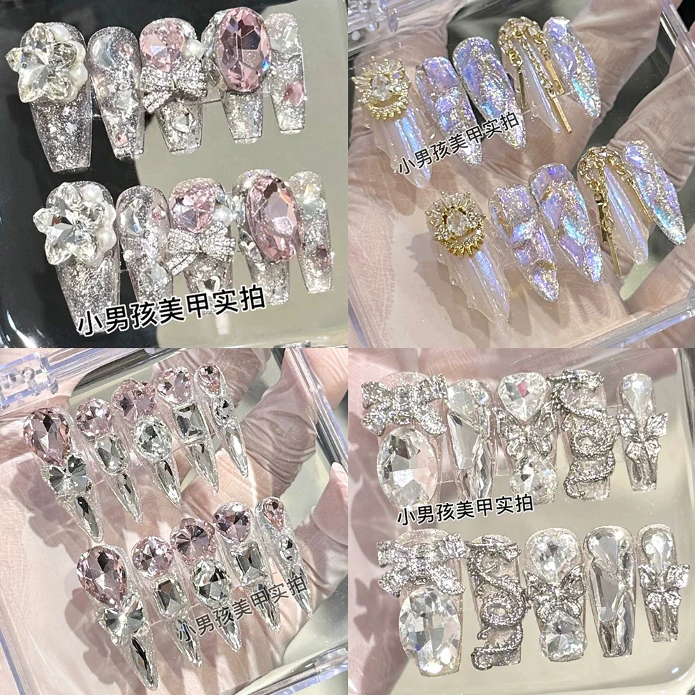 

10Pcs Luxury 3D Rhinestone Handmade Transparent Press On Nails Shiny Long Coffin Reusable Full Cover Nail Party Stickers Gift