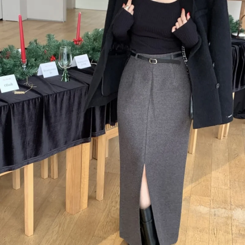 

Элегантная женская шерстяная юбка А-силуэта средней длины с поясом, стройнящая, модная, на все сезоны