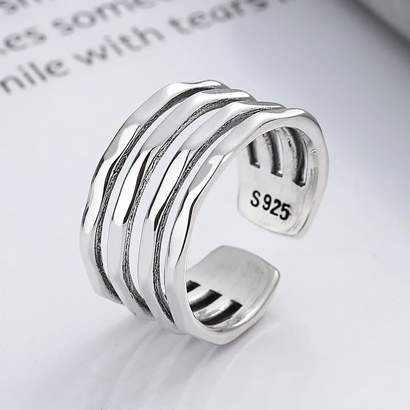 VOJEFEN Original 925 Sterling Silver Men's Rings Multi-Layered Lines Luxury Designer Jewelry Hip Hop Punk Chunky Ring For Women