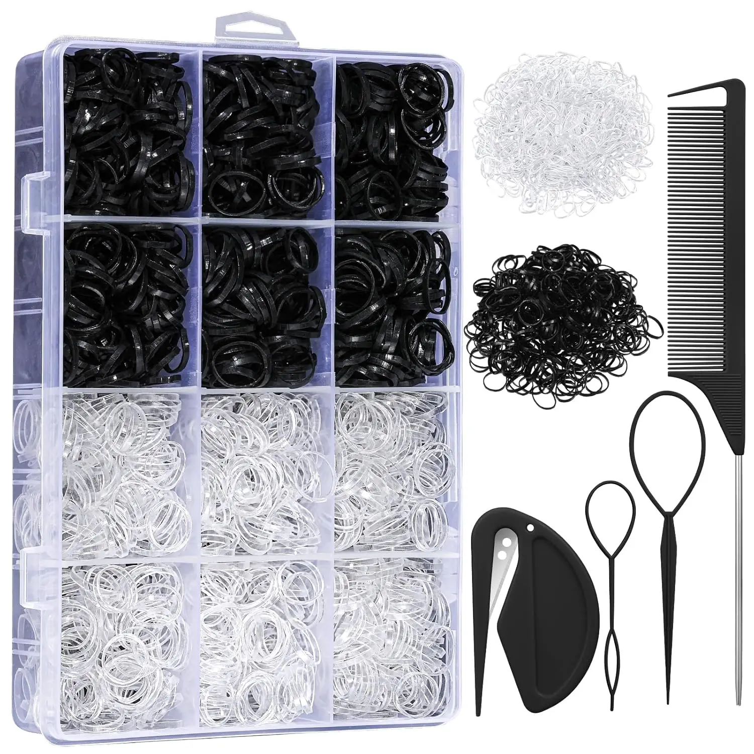 

2200 Pcs Elastic Hair Bands with Styling Tool Set, Clear and Black Hair Ties with Cutter and Organizer Box for Toddler Baby Girl
