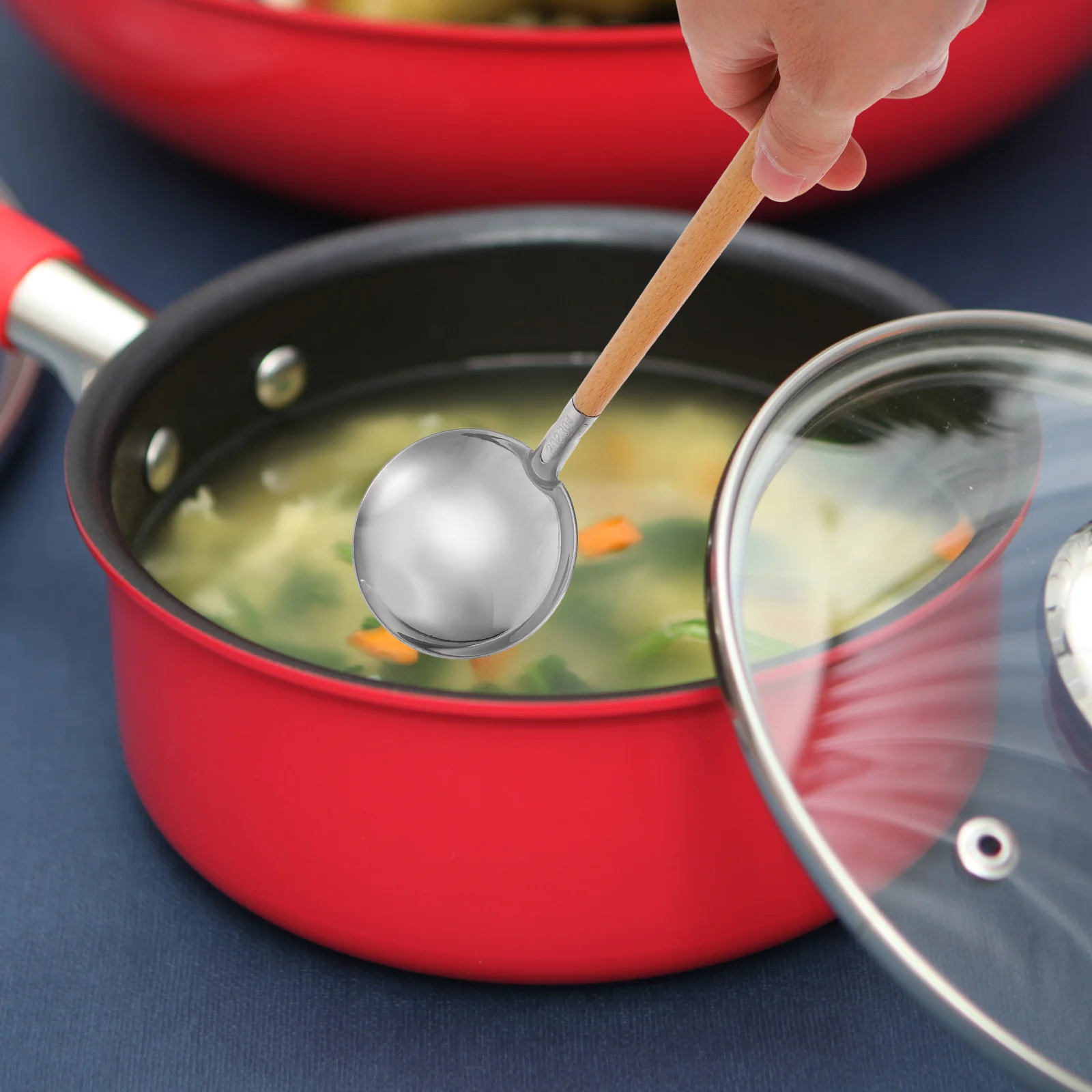 

Stainless Steel Soup Ladle Heavy-Duty Metal Long Wood Handle Kitchen Cooking Stirring Serving Scoop Light Brown