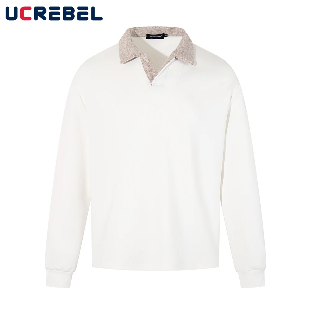 

Patchwork Polo Shirts Mens Autumn Retro High Street Loose Long Sleeve Tee Man Tops