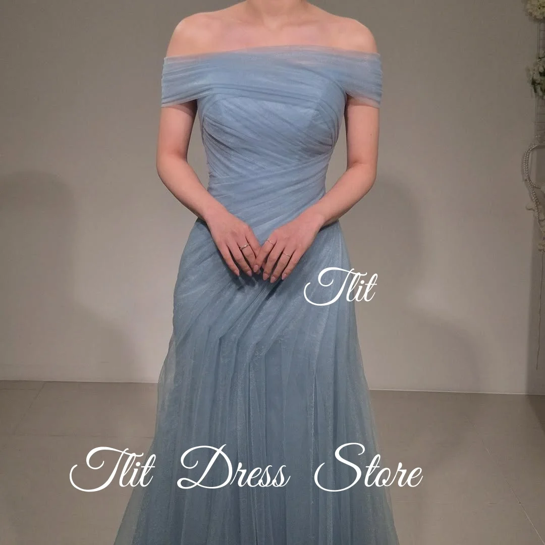 فساتين سهرة أنيقة من TLIT باللون الأزرق المغبر من التل على شكل حرف a فستان زفاف كوري لالتقاط الصور قبالة الكتف فساتين حفلات مخصصة #2