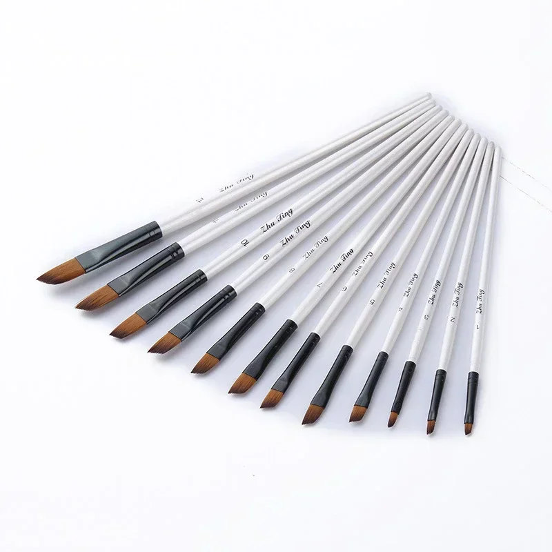12 pezzi di nylon per capelli con manico in legno, set di pennelli per acquerello, per l\'apprendimento, pittura acrilica a olio fai da te, pennelli
