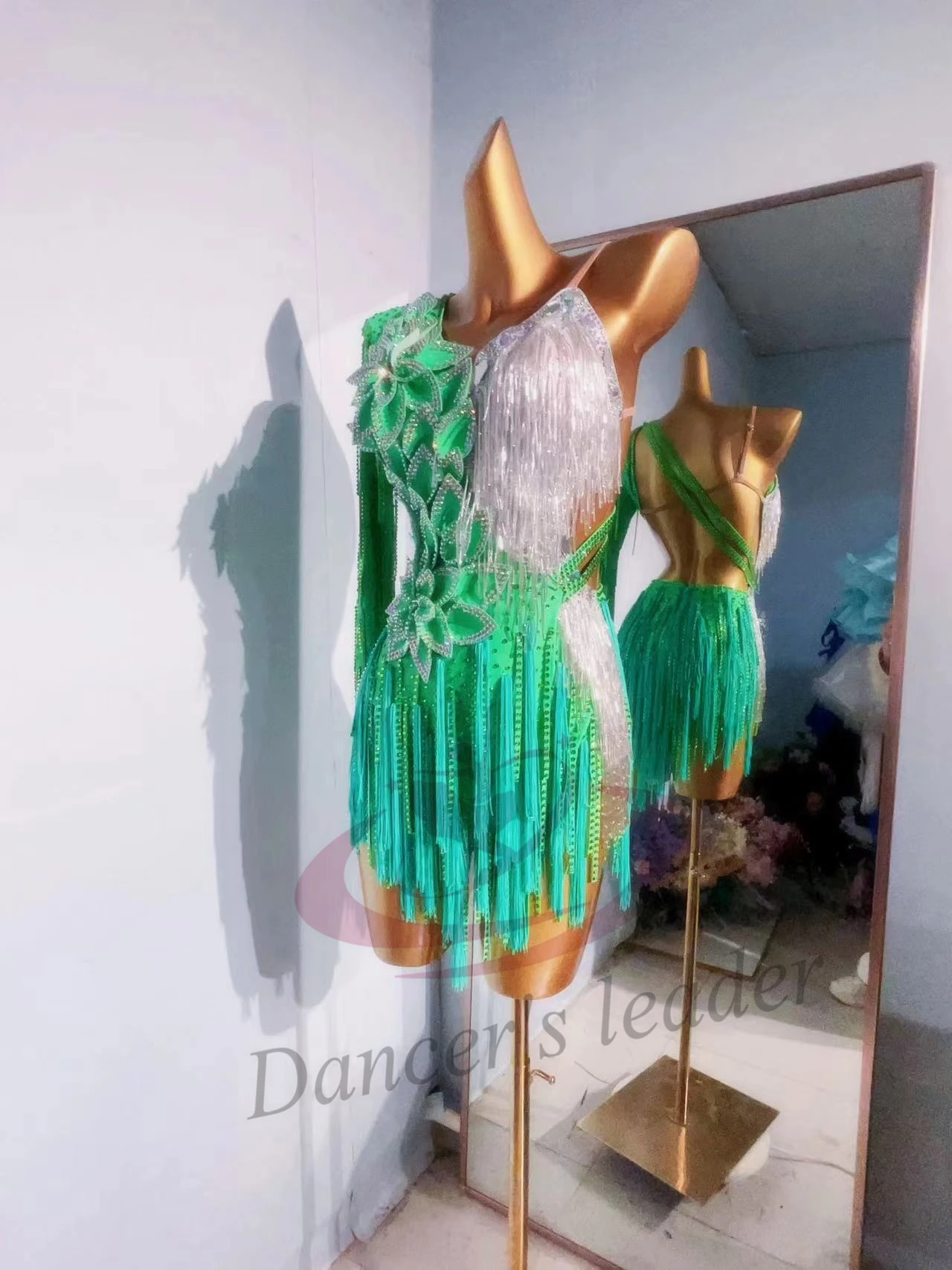 Latin Dance Professional Dress High-end Custom Green Leaf Flower Diamond Samba Female Adult Stage Professional Clothing