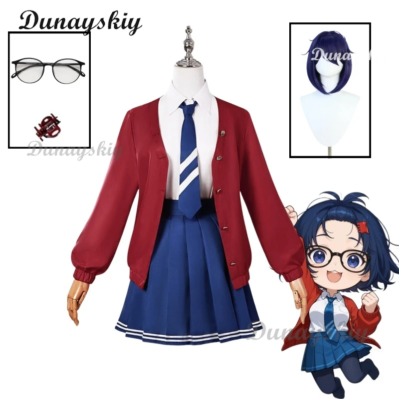 

Mila Cosplay MiSide Costume Wig Uniform Glasses Hairpin Crazy Mita Headwear Purple Hair Halloween Party Outfits for Girls Women