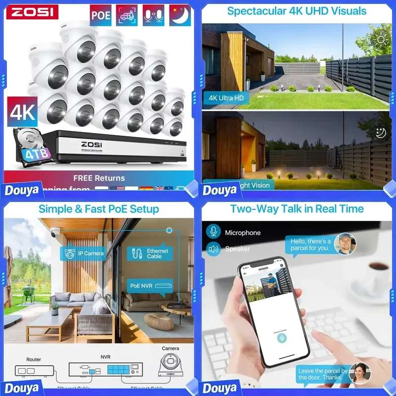 ZOSI 4K POE Security Cameras System 8MP Ultra HD 16CH NVR AI Detection Color Night Vision Outdoor CCTV Video Set