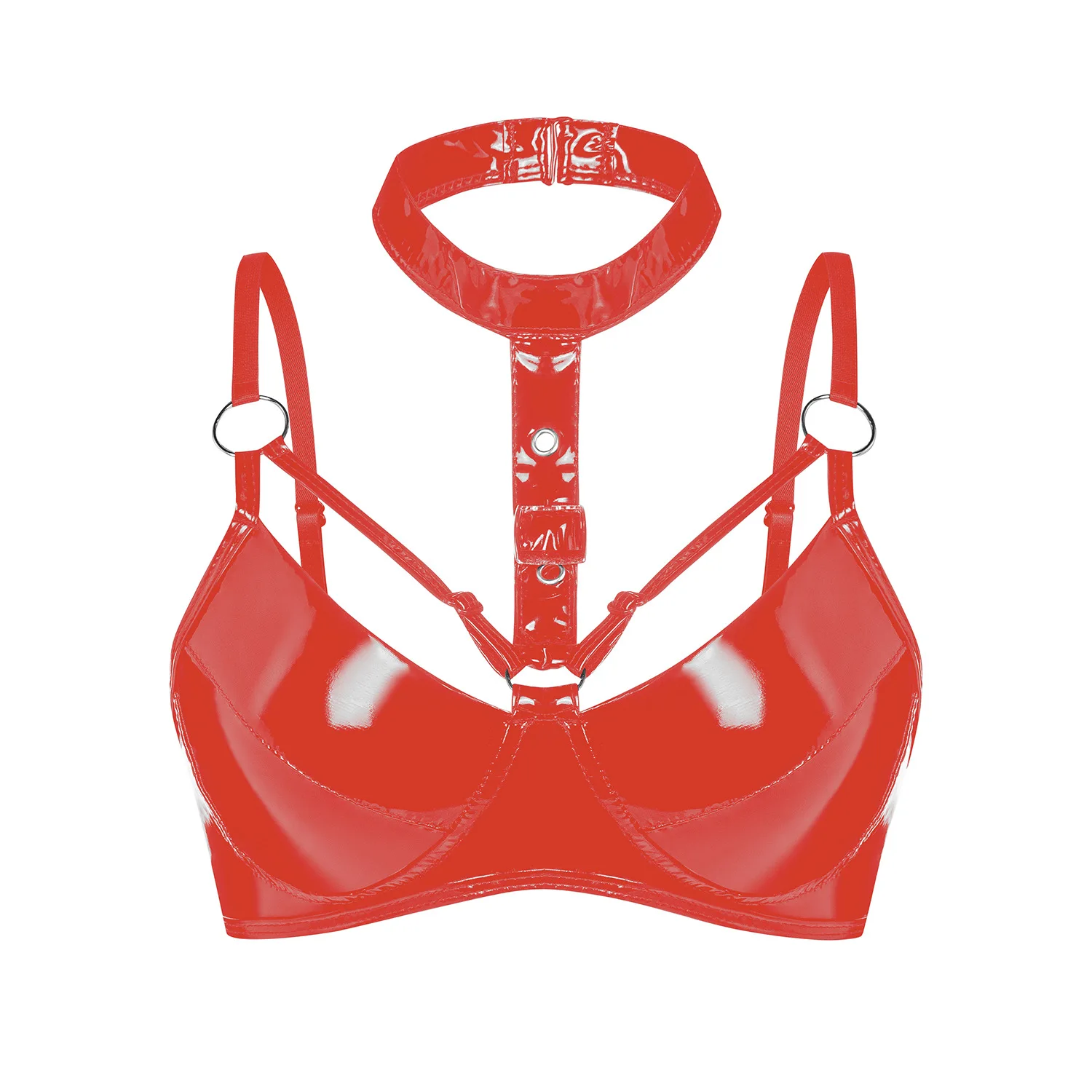 

Womens Red Glossy Patent Leather Halter Bra Top Buckle Brassiere Strappy Bralette Adjustable Shoulder Straps Balconette Bustier