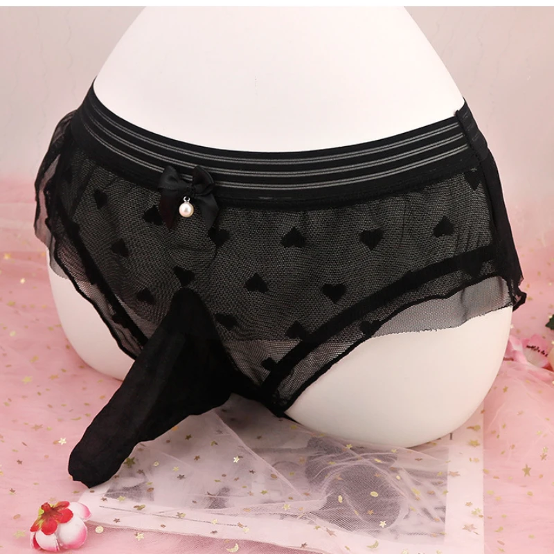 Sissy Pouch Panties Gay Men Lace Skirted Crossdress Underpant Japanese Cute Bow Transparent Lingerie Couple Roleplay Nightwear