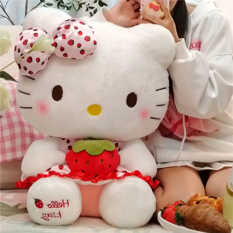 

65cm Sanrio Plush Hello Kitty Cartoon Cat Cute Strawberry Bow Stuffed Toy Bed Throw Pillow Decoration Doll Kids Birthday Gift