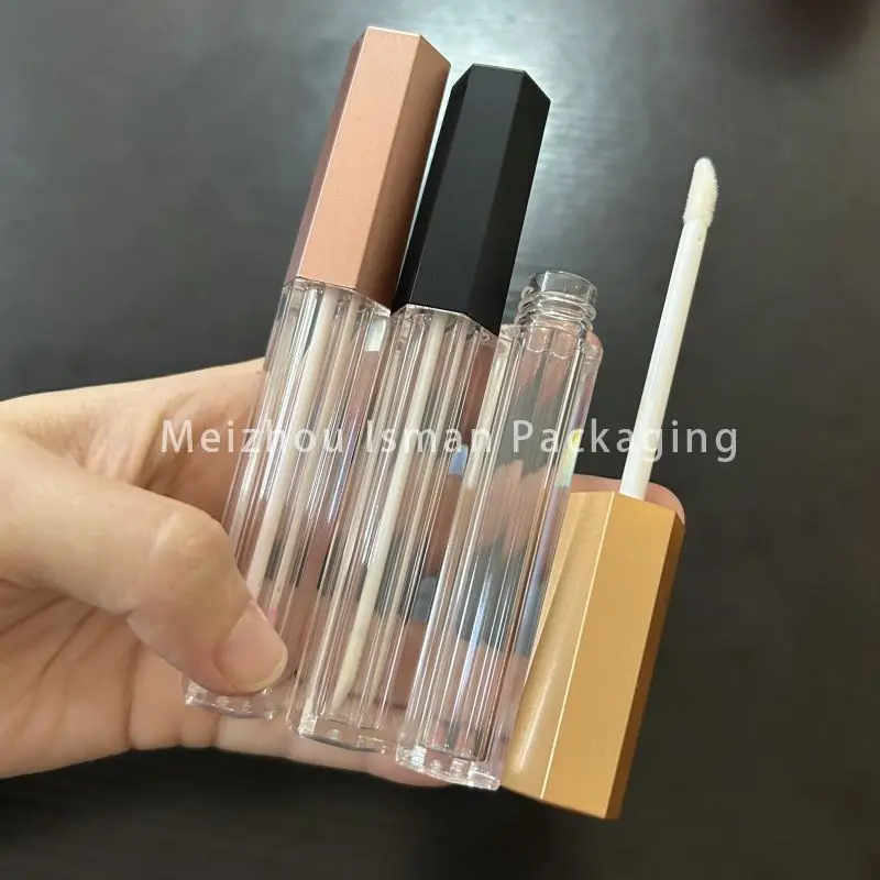 50Pcs unique matte black gold hexagon lip gloss packaging empty bottle rose gold lipgloss container tubes with wands brush 4ml