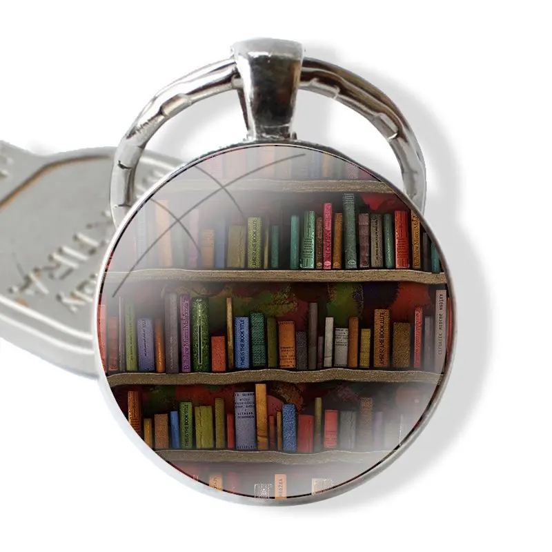 Colorful Book Library book shelf Keychain Handmade Glass Cabochon Key Ring Holder Pendant Key Chains