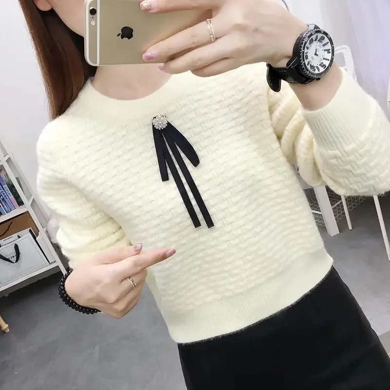 

2024 New Women Slim O-Neck Pullover Cashmere Wool Blending Sweater Autumn And Winter Long-Sleeved Knit Bottoming Shirt