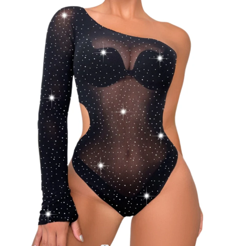 Holiday Sexy​ ​Lingerie Women Body Basic Women Bodysuit Hollowed Out Sparkling Playsuit Black Lace Bodystocking Festival Outfits