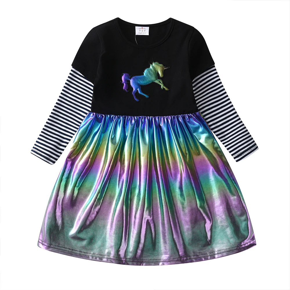 DXTON Winter Kids Dress For Girls Stripe Long Sleeve Children Dresses Licorne Princess Dress Cotton Children Toddler  Costumes