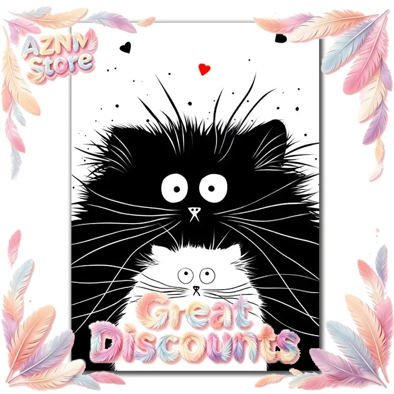 2026 Art Canvas Paintings Black and White Cats Cartoon Animal Kitten Lover Posters and Prints for Living Room Decoration Cuad