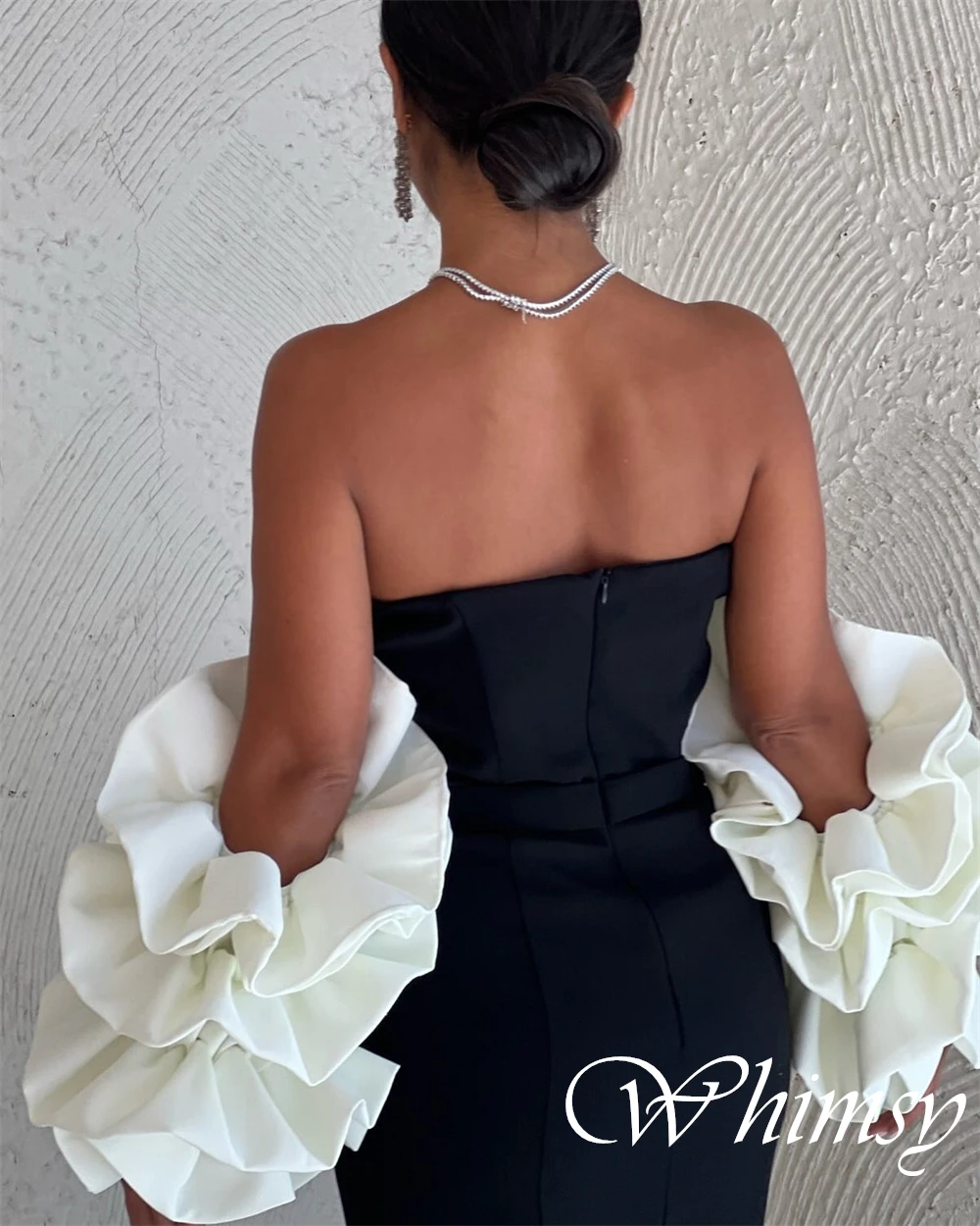 Customized Sweetheart Detachable Sleeve Cocktail Dress Mermaid Floor Length Black Evening Dress Contrast Color Zipper Back