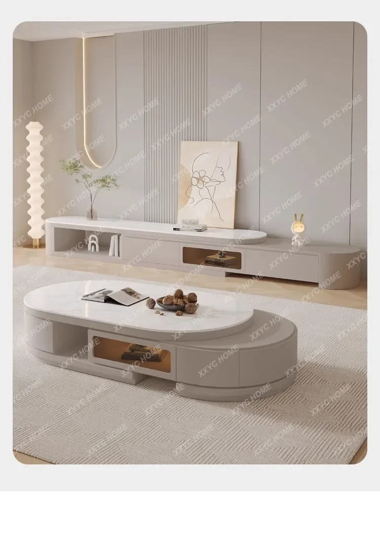 

simple cream wind rock slab retractable coffee table TV cabinet combination small apartment household living room oval