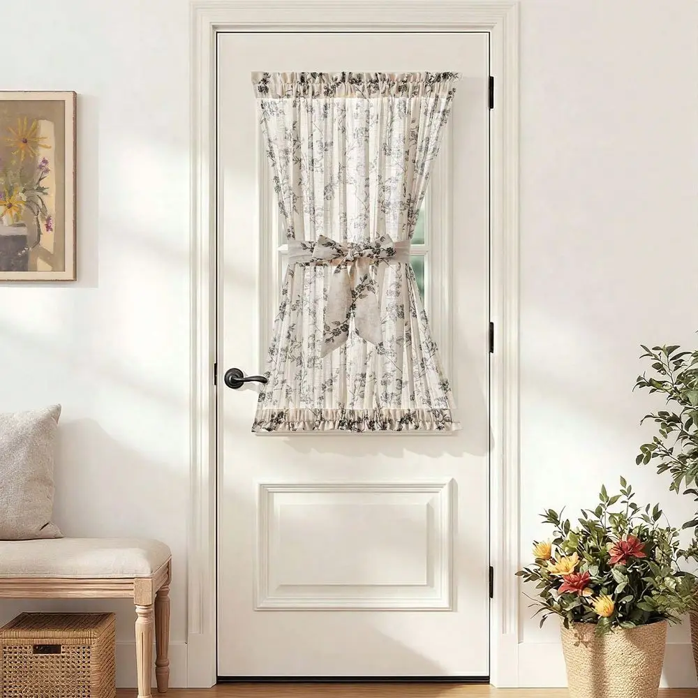 

Однопанельная штора для французских дверей с цветочным узором, декор в стиле фермерского дома, светопроницаемая, из льняной ткани, с завязками-бантом, для стеклянных дверей или патио, 40 дюймов