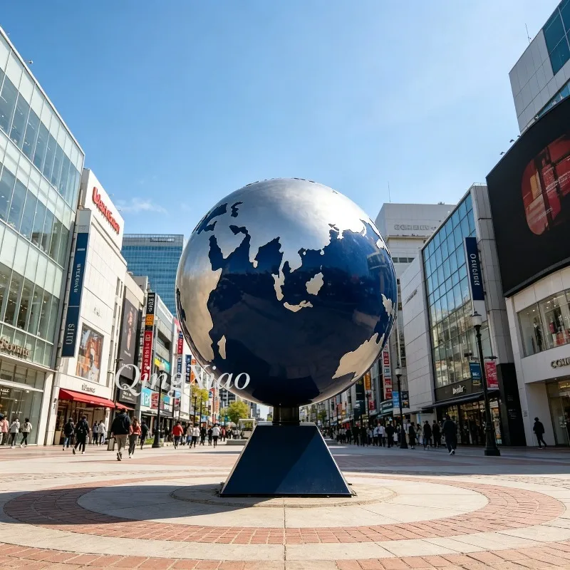 Blue Silver Stainless Steel Globe Sculpture Custom Large Modern Art Decor For Urban Public Space Commercial Plaza Landscape