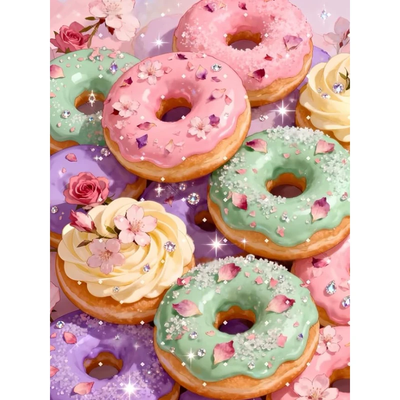 DIY Diamond Painting, Sakura Donut Painting, Stacked Colorful Doughnuts With Flower Petals, Home Art Gift