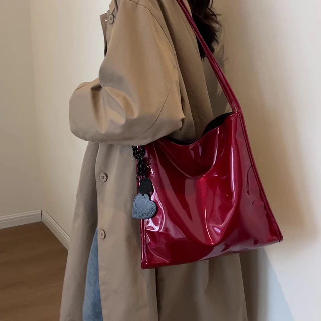 Vintage Cherry Red Large Capacity Tote Bag 2023 New Ladies Lacquer Leather Shiny Texture Magnetic Buckle Commuter Underarm Bags AliExpress 1524