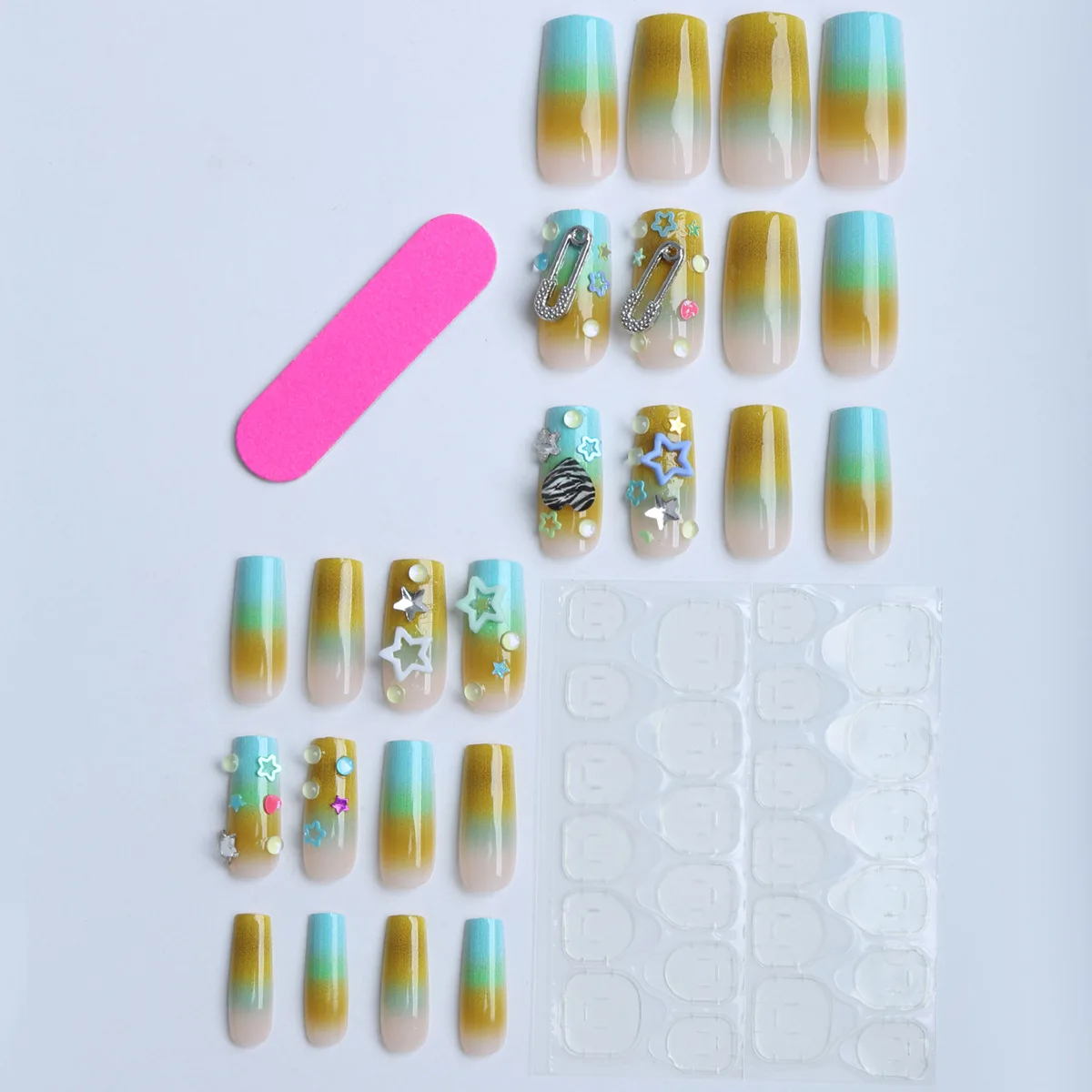 24pcs Junk Punk Style Fake Nails Smudging Green French Style Coffin False Nails 3D Pins Y2k Star Rhinestone Decor Press On Nail