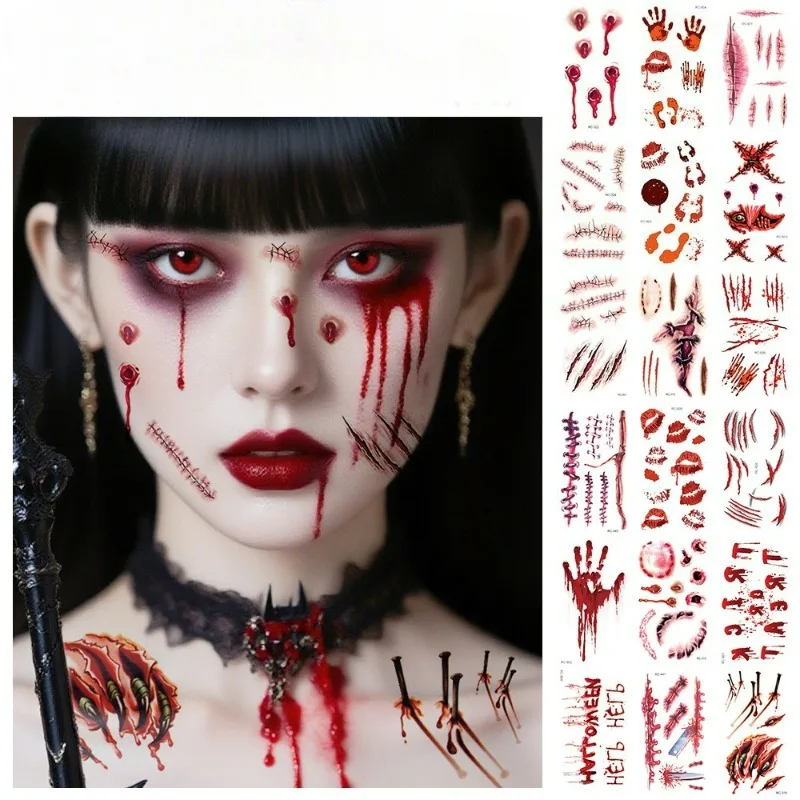 10Pcs Waterproof Halloween Tattoo Sticker, Funny Atmosphere Scar Sticker Realistic Blood Tattoo