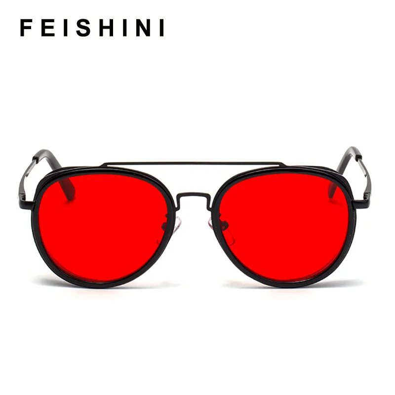 FEISHINI New Gothic Steampunk Round Sunglasses Men Red Punk Goggle Luxury Fashion Oval Sun Glasses For Women Vintage Shades