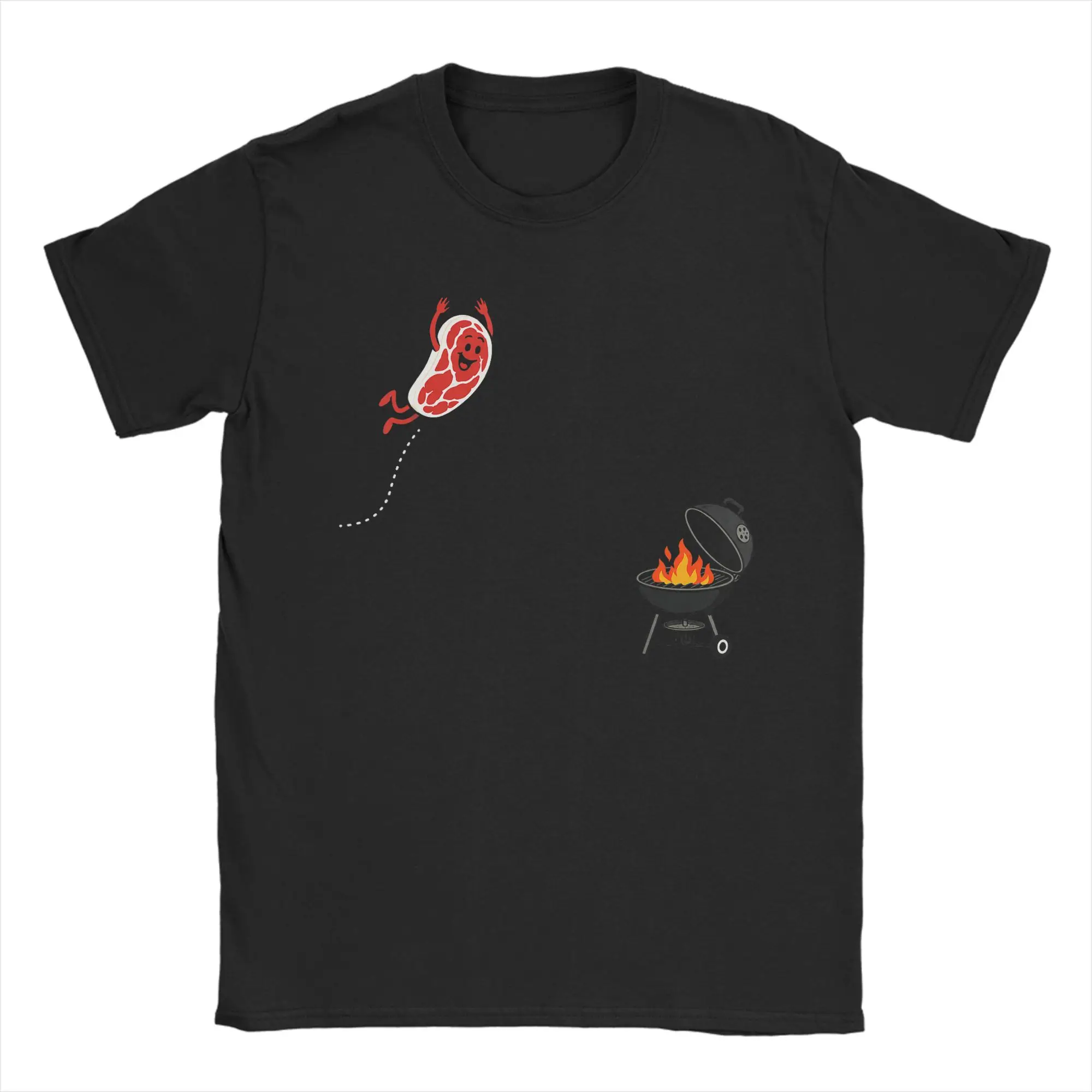 Men BBQ Steak Meme Cute Meat Jumping Into Grill T Shirts  Pure Cotton Novelty Short Sleeve Crew Neck Tee Shirt Graphic T-Shirt