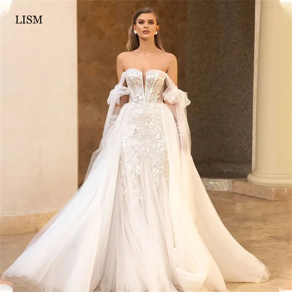 LISM Gorgeous Strapless Lace Appliques Mermaid Wedding Dresses Detachable Train V Neck Customized Bride Dress Robe De Mariée