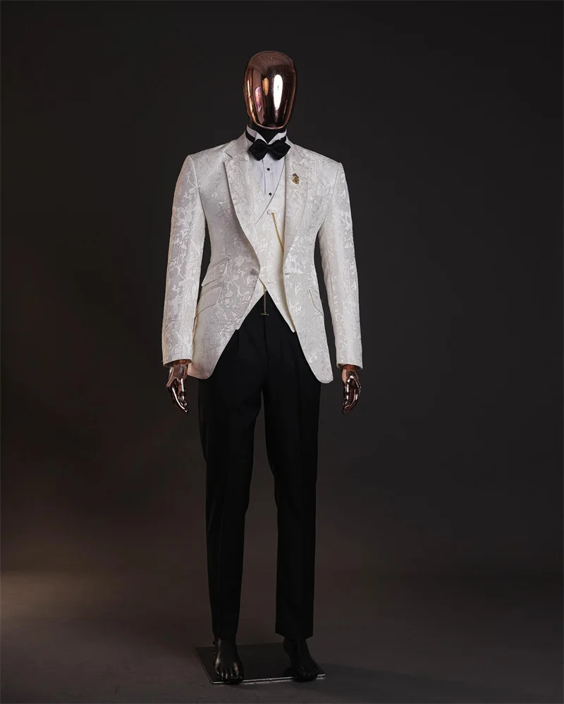 Printed White Men Suit Set 3 Pcs Blazer+Vest+Pants Trousers Wedding Tuxedos Coat Customized Formal Office Groom Jacket